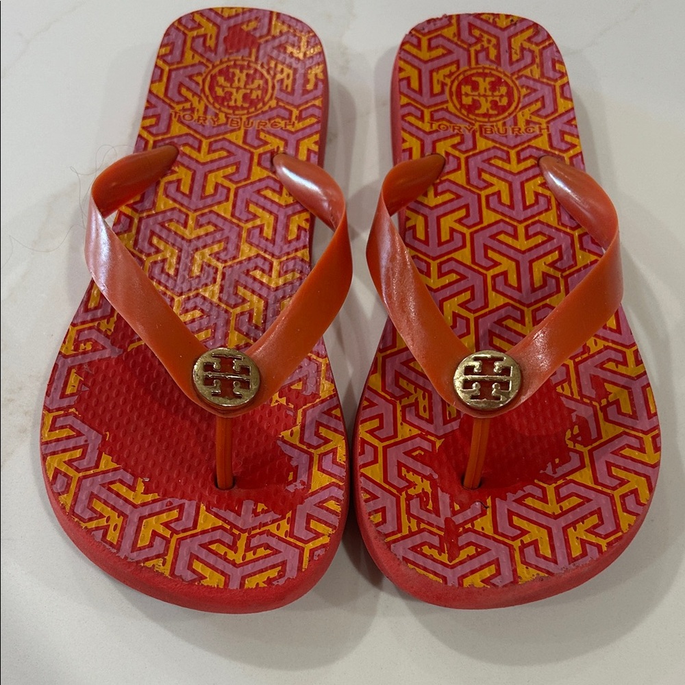 Tory Burch Orange and Yellow Logo Pattern Flip Flop Sandals
